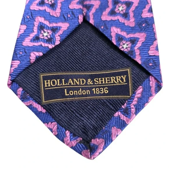 HOLLAND‎ & SHERRY Silk Geometric Pattern Necktie Blue Pink Luxury Formal Men's